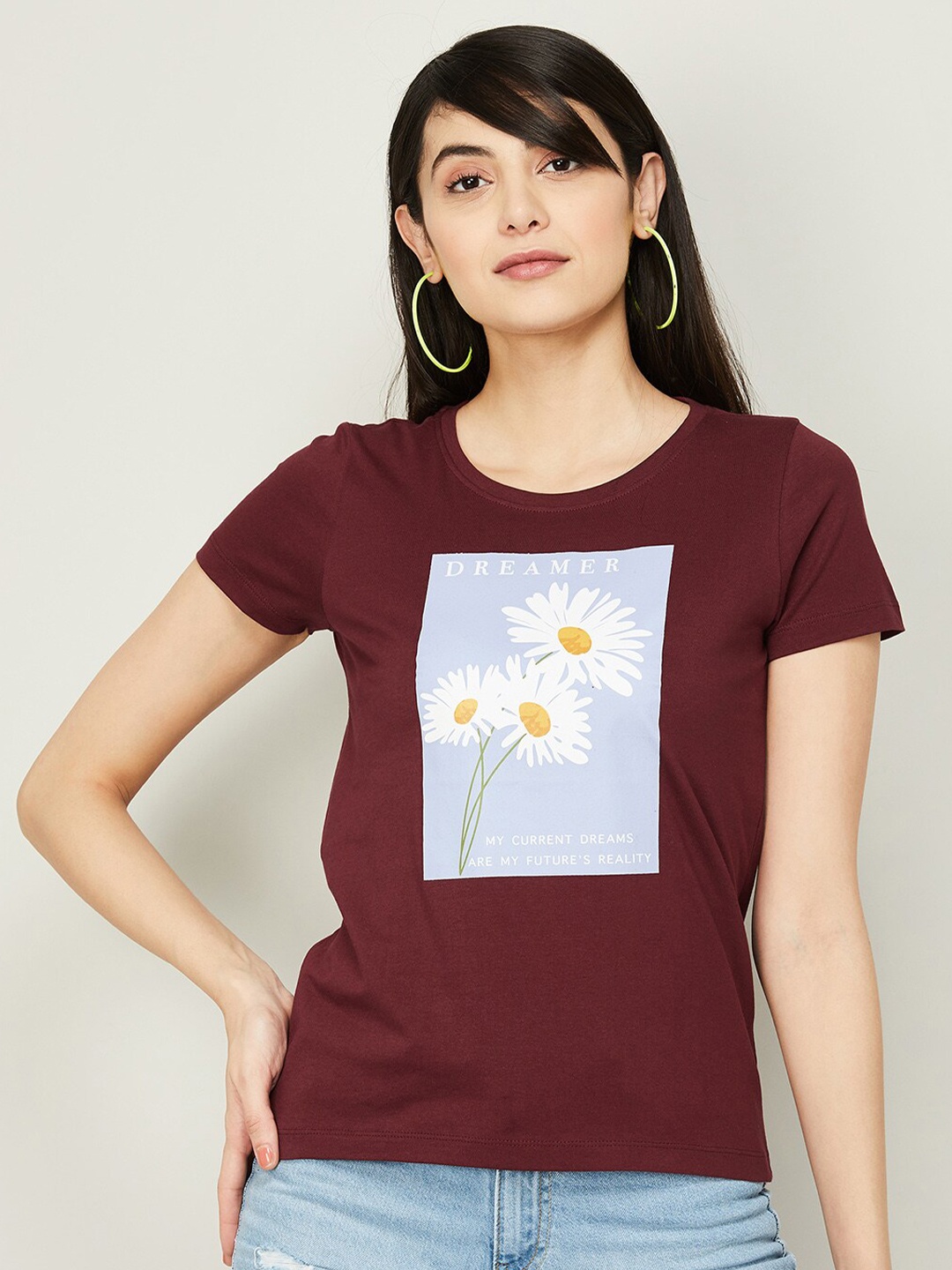 

Fame Forever by Lifestyle Women Floral Printed Pure Cotton T-shirt, Red