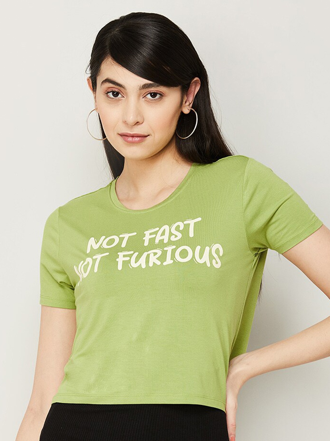 

Ginger by Lifestyle Typography Printed Round Neck Crop T-shirt, Green