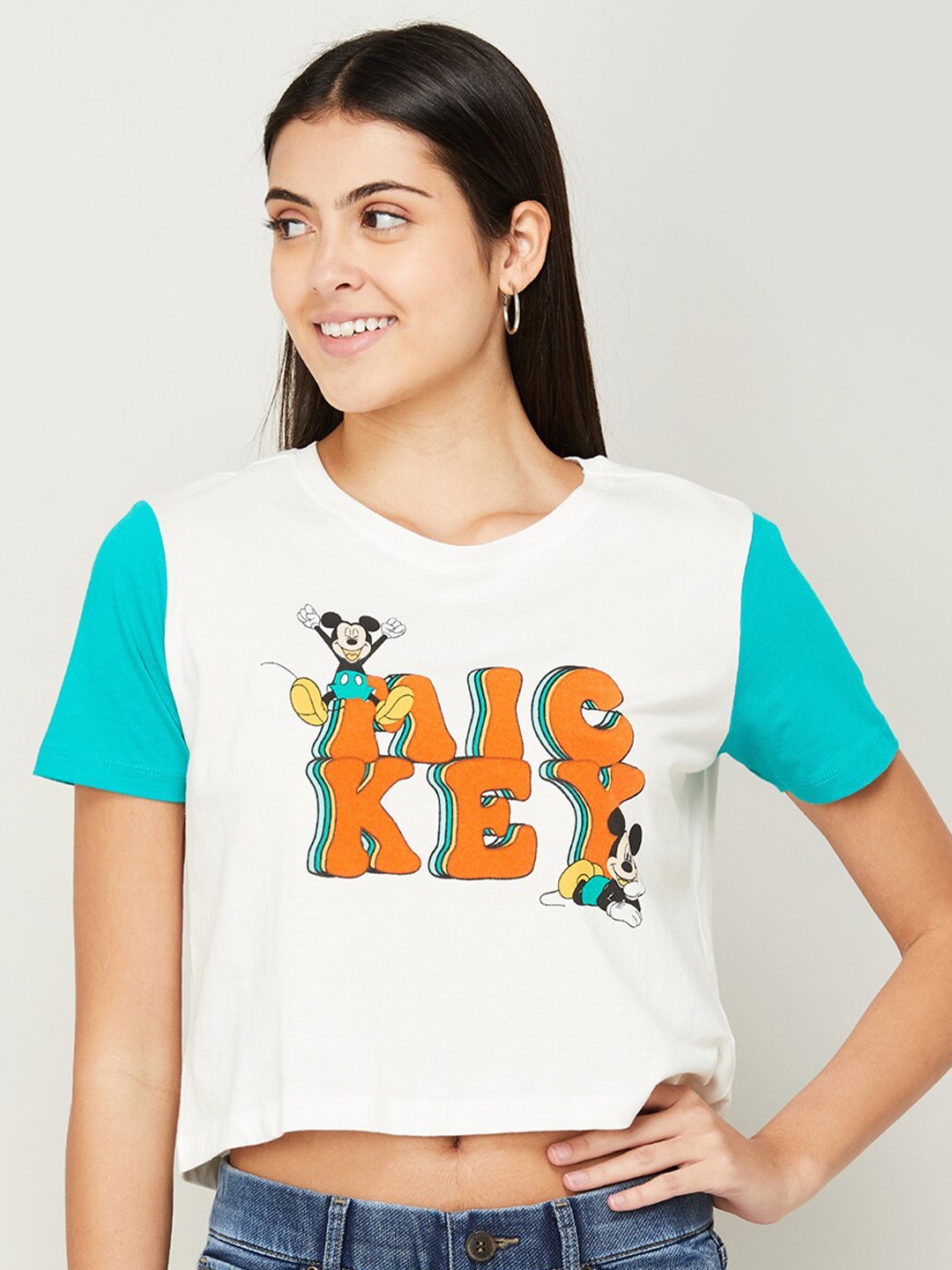 

Ginger by Lifestyle Women Mickey Mouse Printed Pure Cotton T-shirt, White