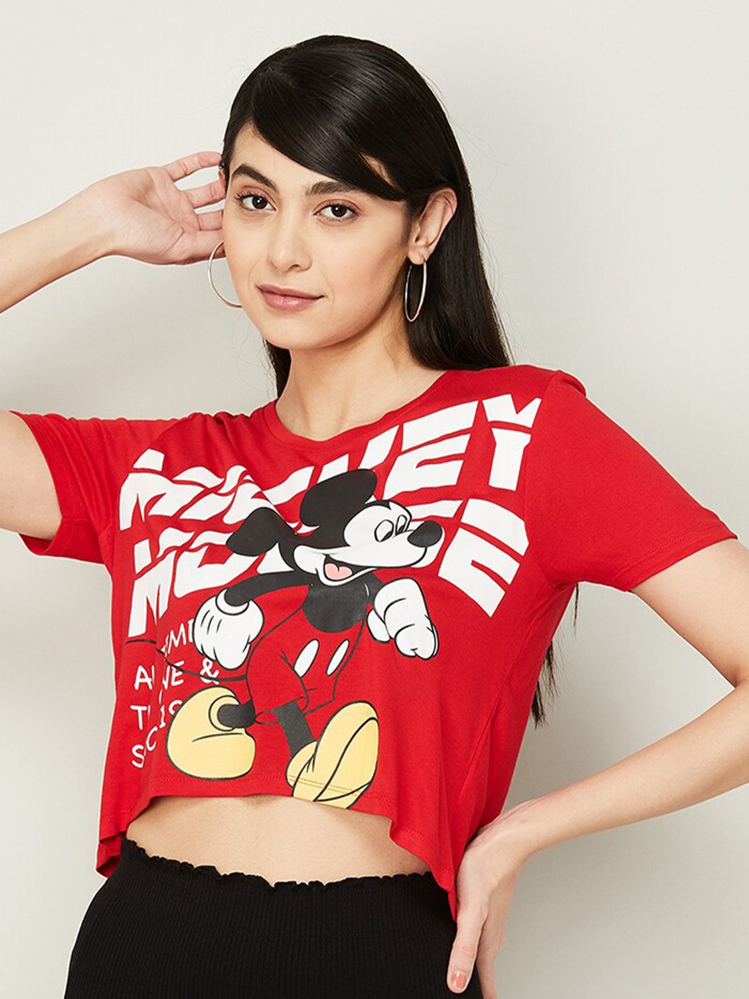 

Ginger by Lifestyle Women Mickey Mouse Printed Pure Cotton T-shirt, Red