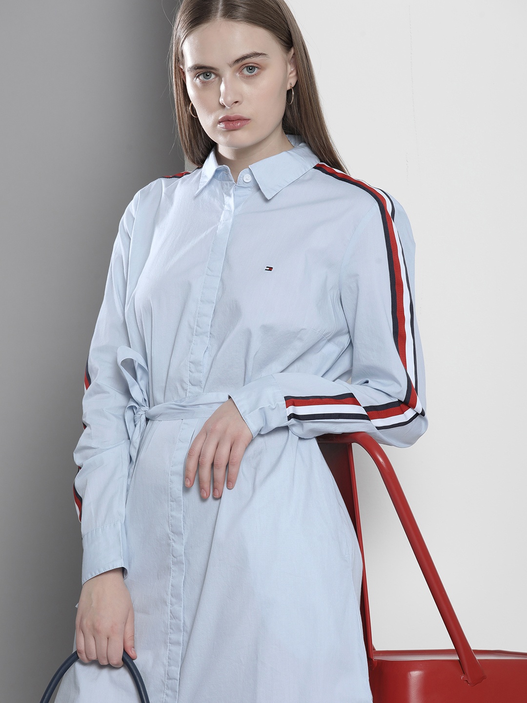 

Tommy Hilfiger Pure Cotton Knee Length Shirt Dress With Fabric Belt, Blue