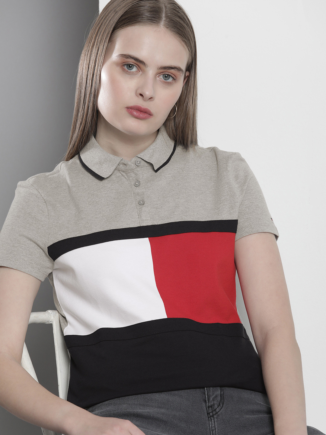 

Tommy Hilfiger Women Colourblocked Polo Collar T-shirt, Grey