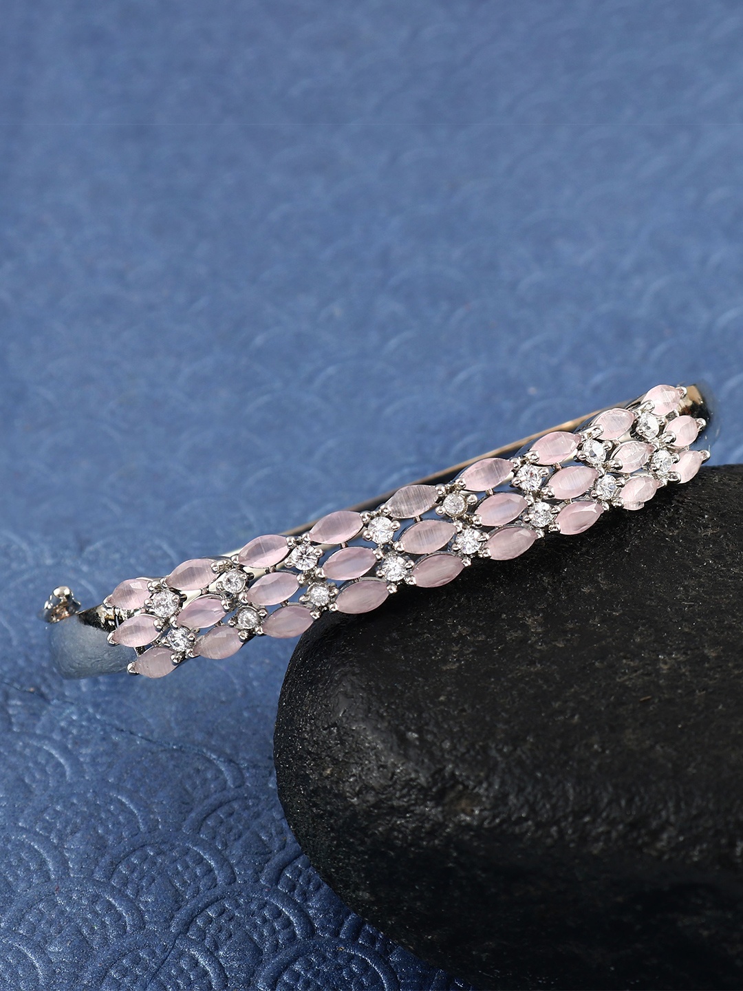 

Jewar Mandi Women Silver-Toned & Pink Brass American Diamond Antique Silver-Plated Bangle-Style Bracelet