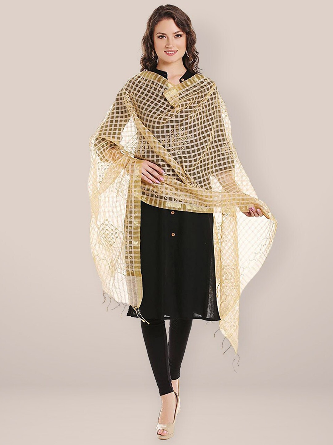 

Dupatta Bazaar Checked Cotton Silk Dupatta, Gold