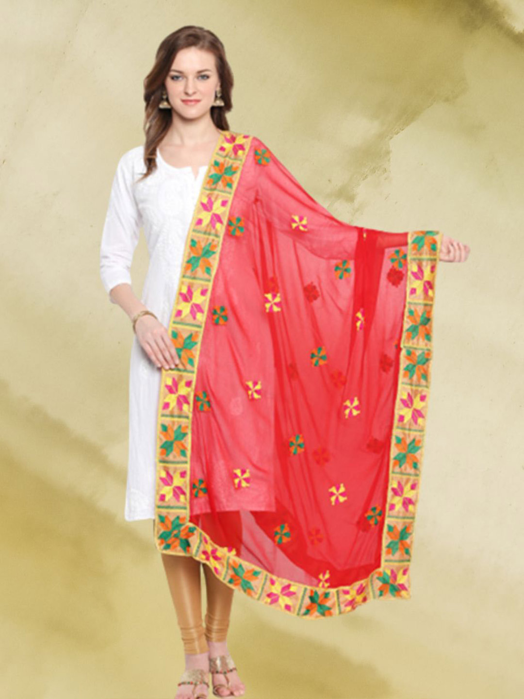 

Dupatta Bazaar Embroidered Dupatta with Phulkari, Red