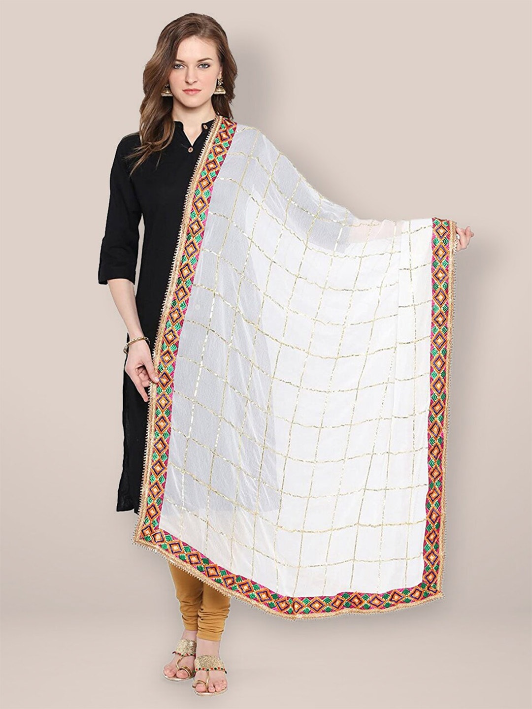

Dupatta Bazaar Checked Dupatta with Phulkari, White