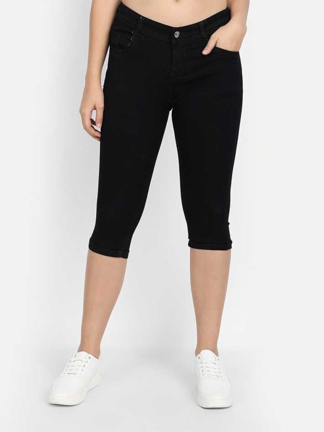 

BROADSTAR Women Skinny Fit Denim Capris, Black