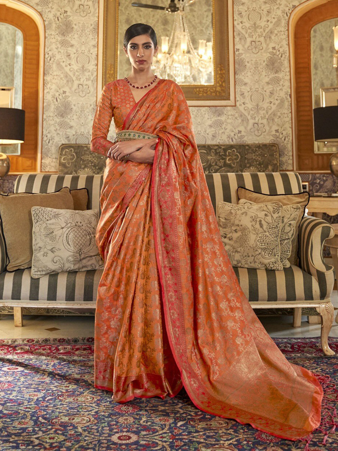 

elora Ethnic Motifs Silk Blend Saree, Orange