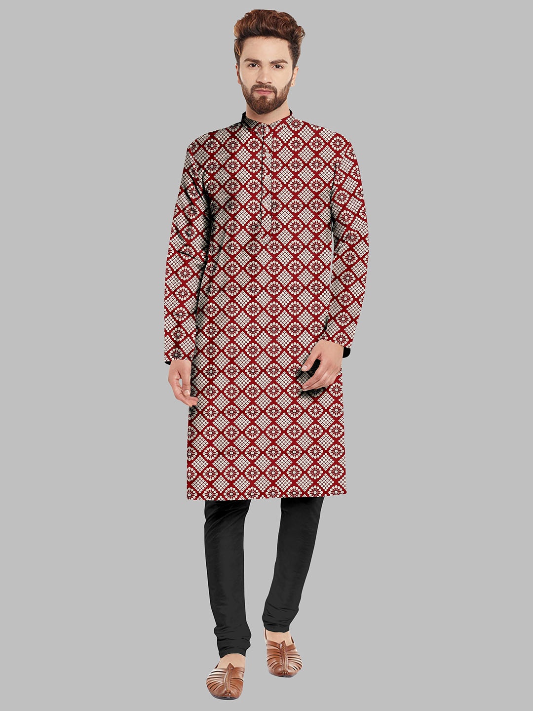 

Fashion FRICKS Men Ethnic Motifs Printed Kurta with Pyjamas, Maroon