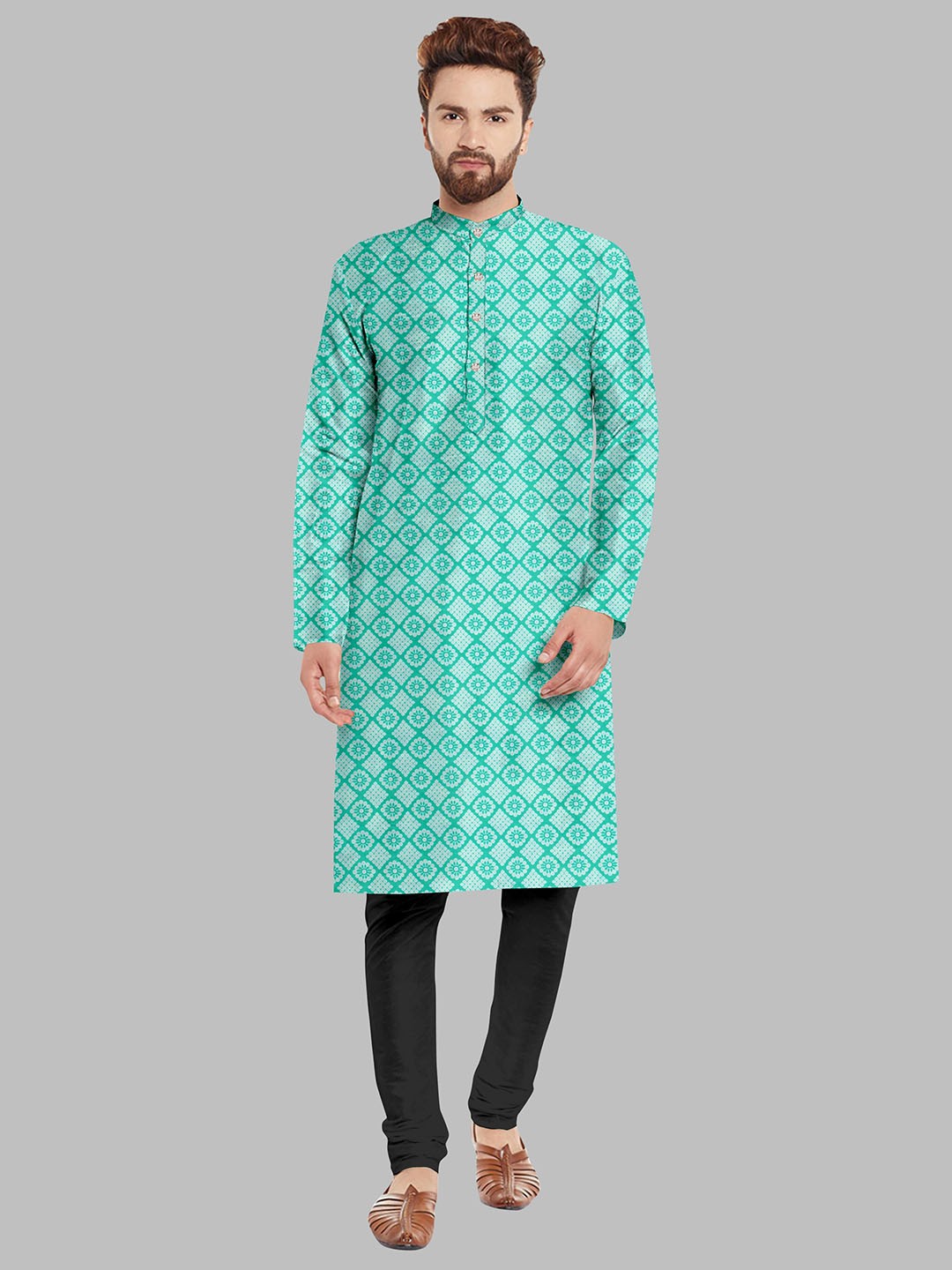

Fashion FRICKS Men Ethnic Motifs Printed Kurta with Pyjamas, Sea green