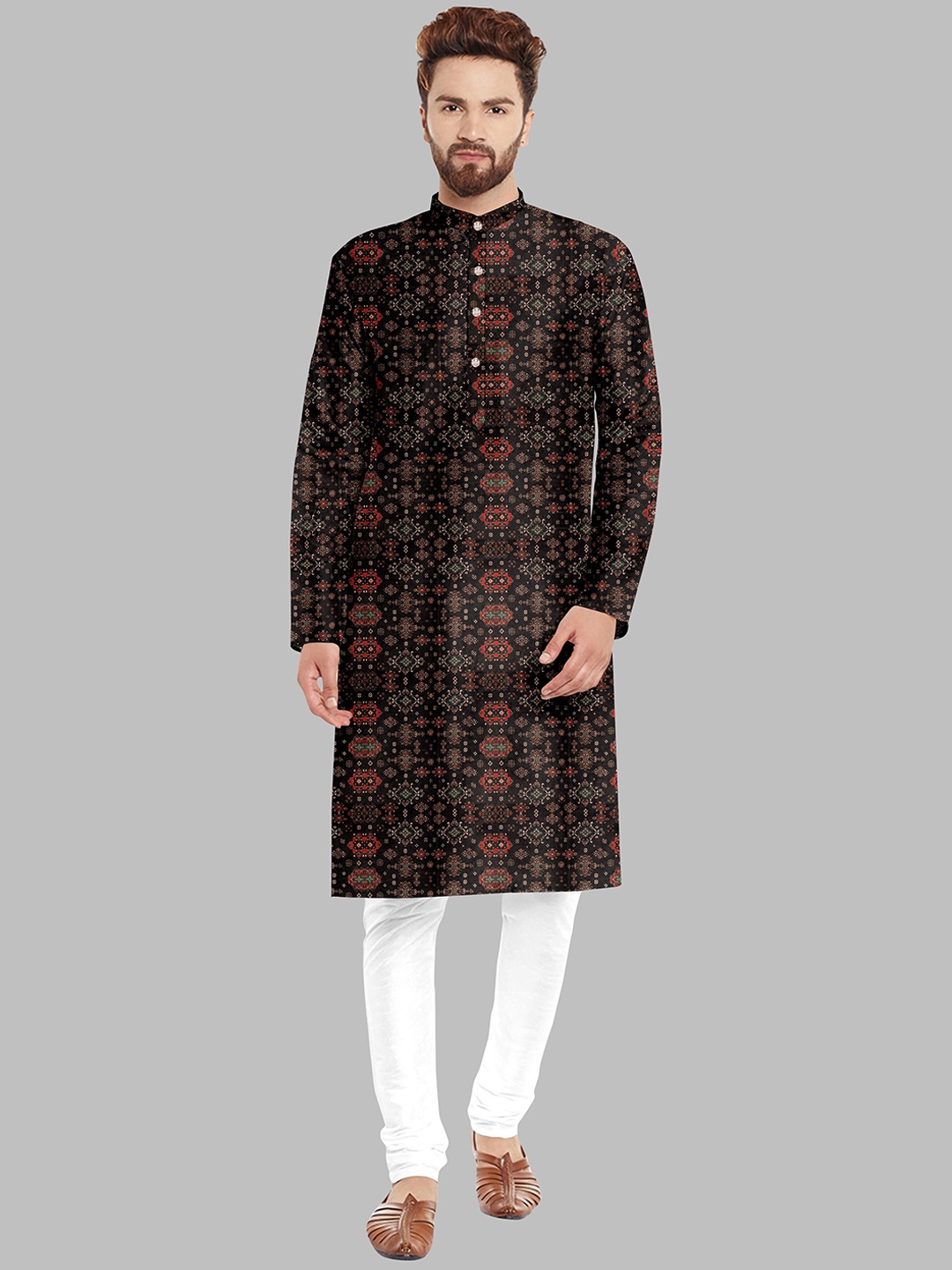 

Fashion FRICKS Men Ethnic Motifs Printed Kurta with Pyjamas, Black