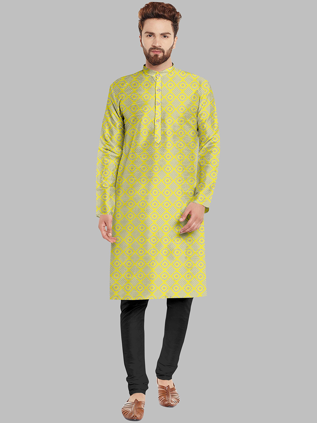 

Fashion FRICKS Men Ethnic Motifs Printed Kurta with Pyjamas, Yellow
