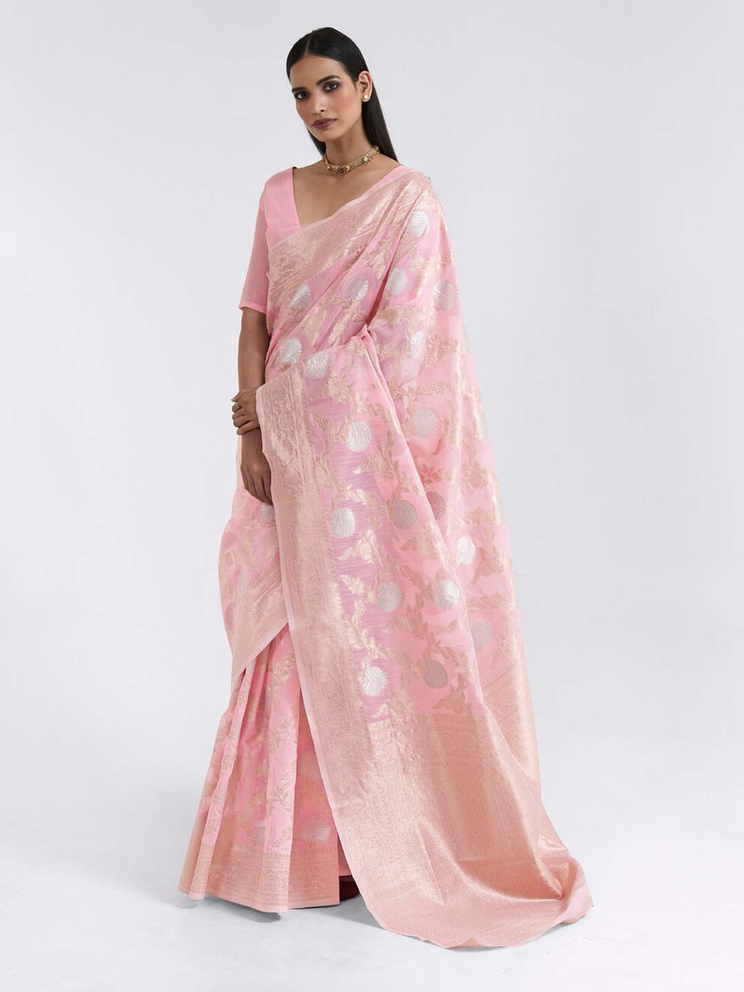 

elora Woven Design Floral Pure Linen Saree, Pink