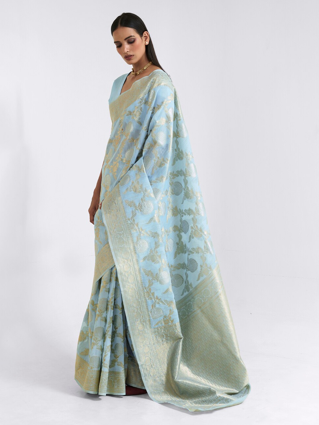 

elora Blue & Gold-Toned Floral Pure Linen Saree