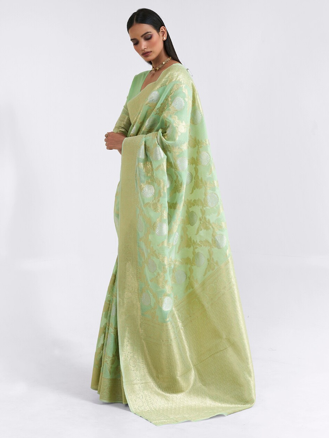

elora Floral Pure Linen Saree, Green