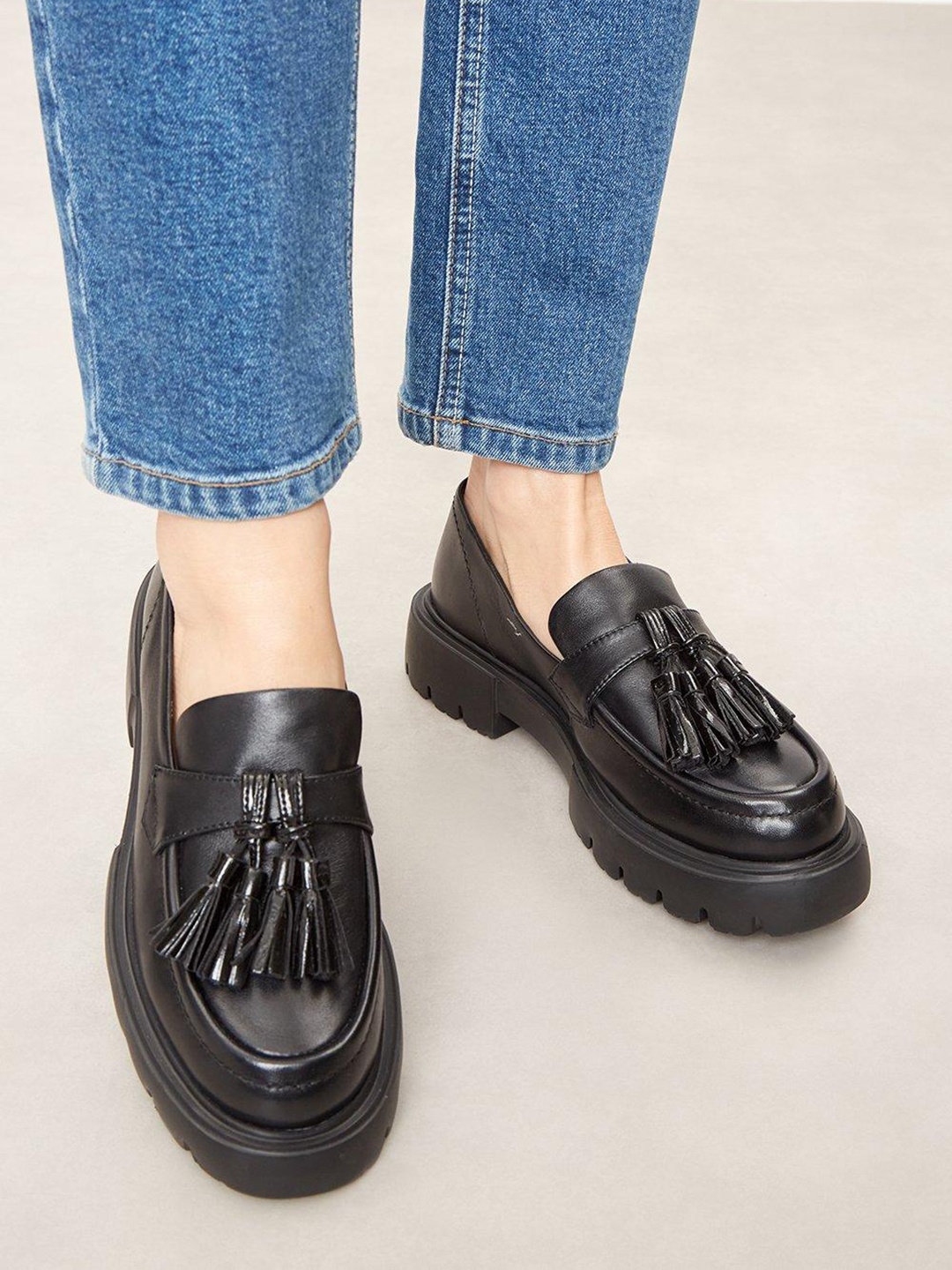 

DOROTHY PERKINS Women Leather Tassel Chunky Loafers, Black
