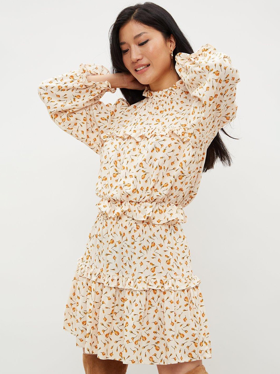 

DOROTHY PERKINS Floral Print Mandarin Collar Ruffles Blouson Top, Cream