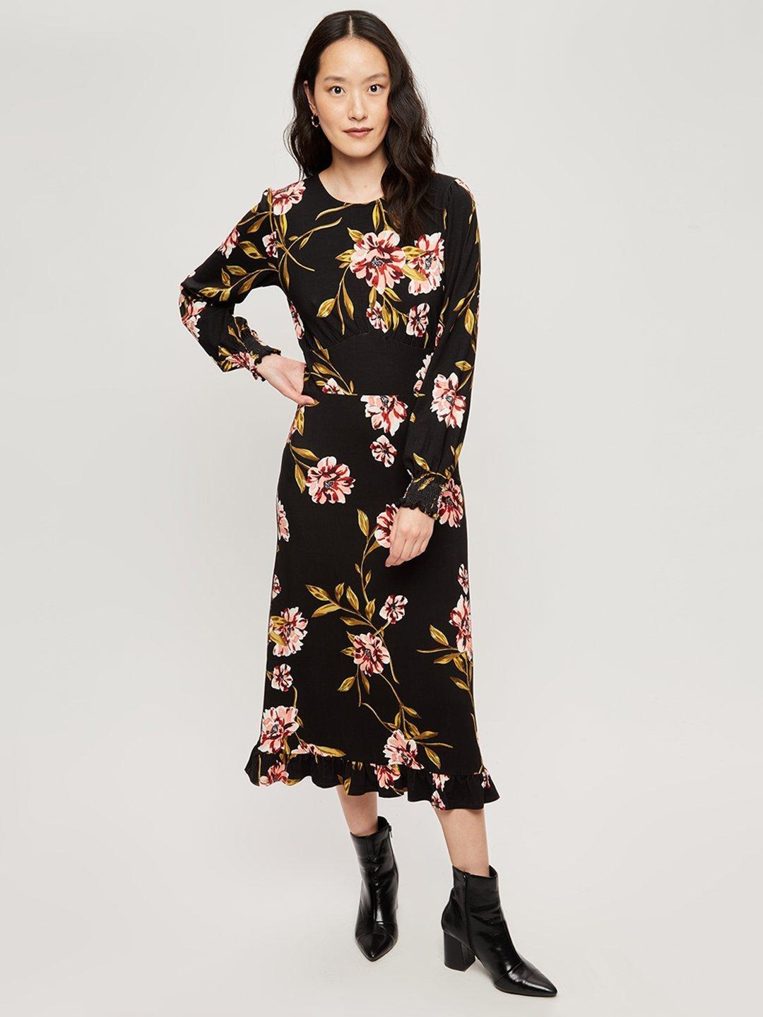 

DOROTHY PERKINS Floral Print A-Line Midi Dress, Black