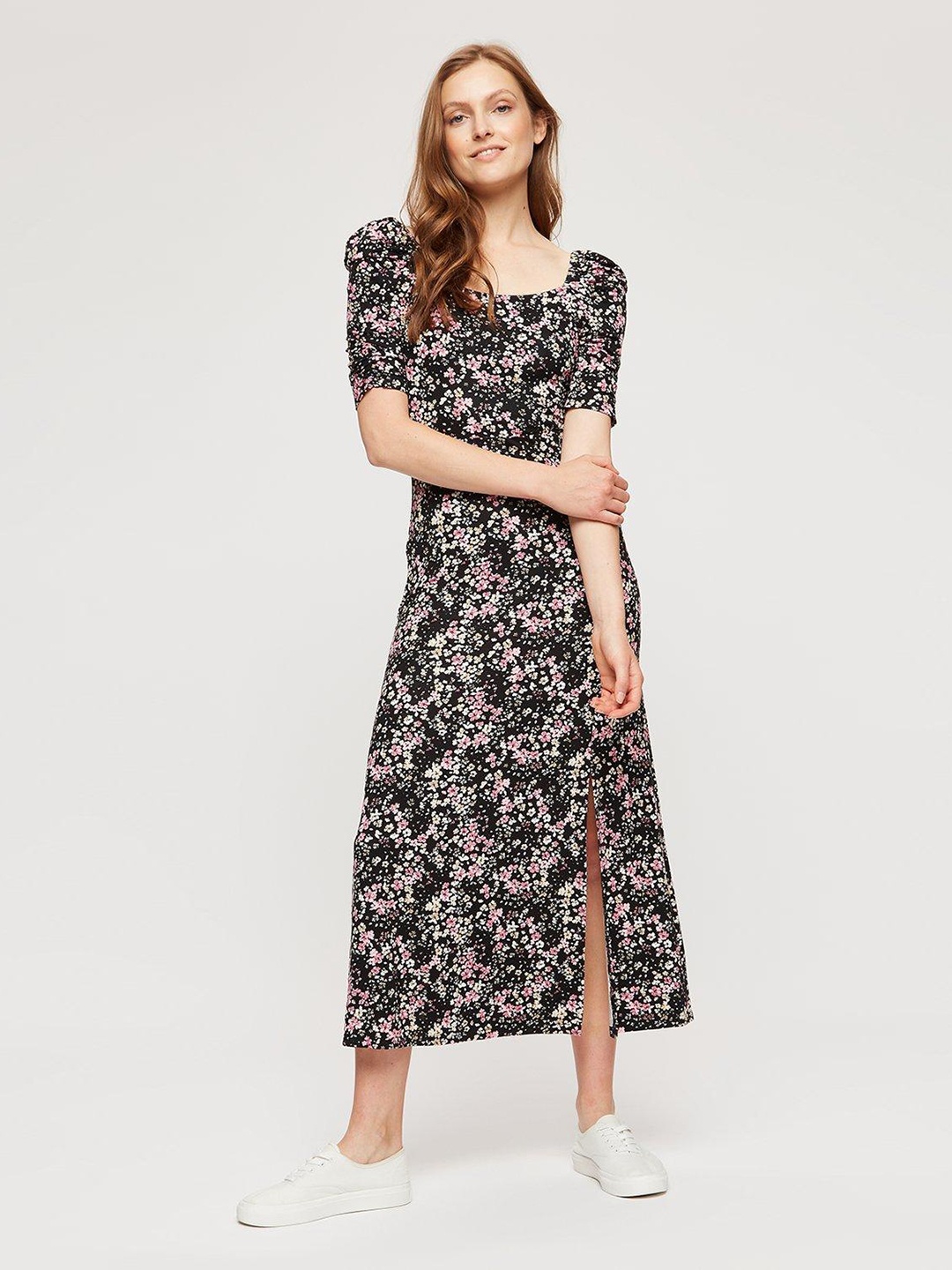 

DOROTHY PERKINS Floral A-Line Front Slit Midi Dress, Black