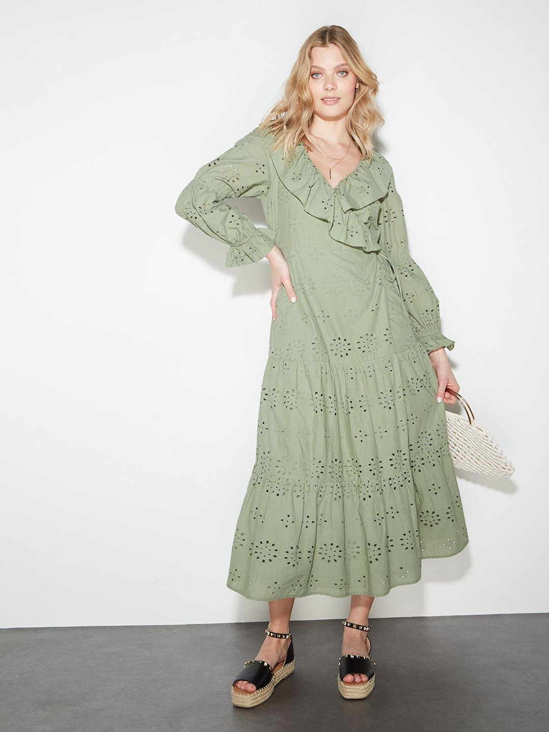 

DOROTHY PERKINS Schiffli Pure Cotton Wrap Maxi Dress, Olive