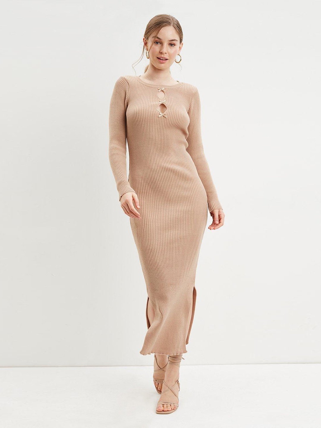 

DOROTHY PERKINS Ribbed Cut-Out Detail Jumper Midi Dress, Beige