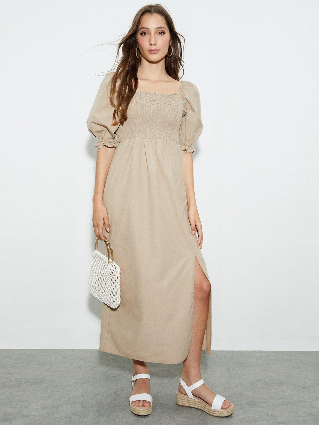 

DOROTHY PERKINS Smocked A-Line Midi Dress, Taupe