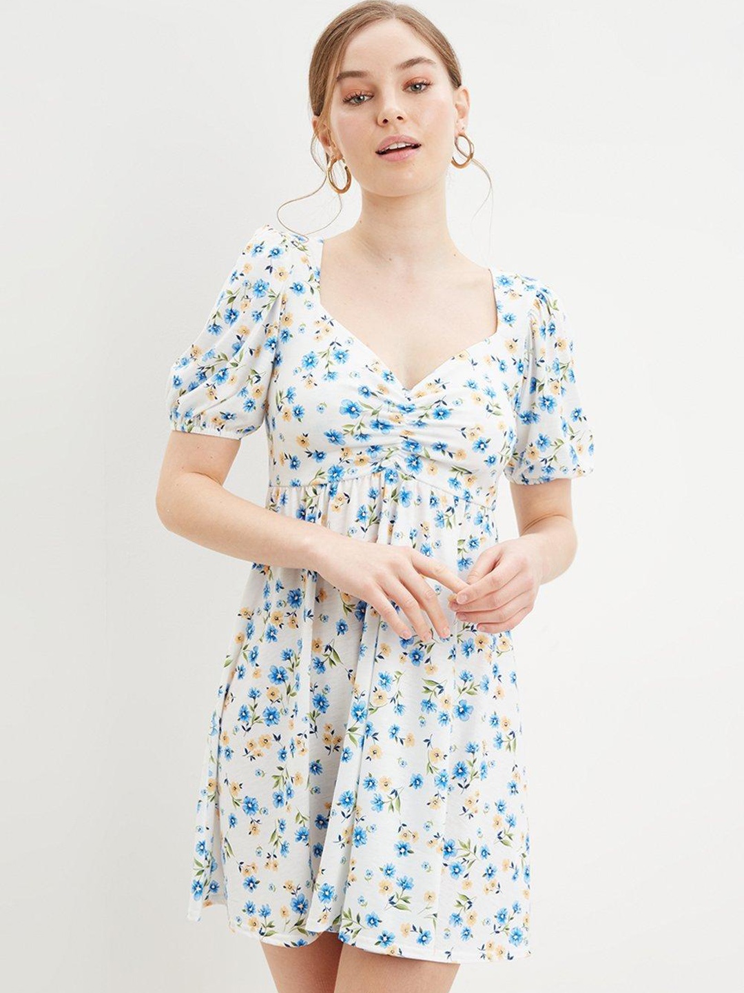 

DOROTHY PERKINS Floral Printed Ruched A-Line Mini Dress, White
