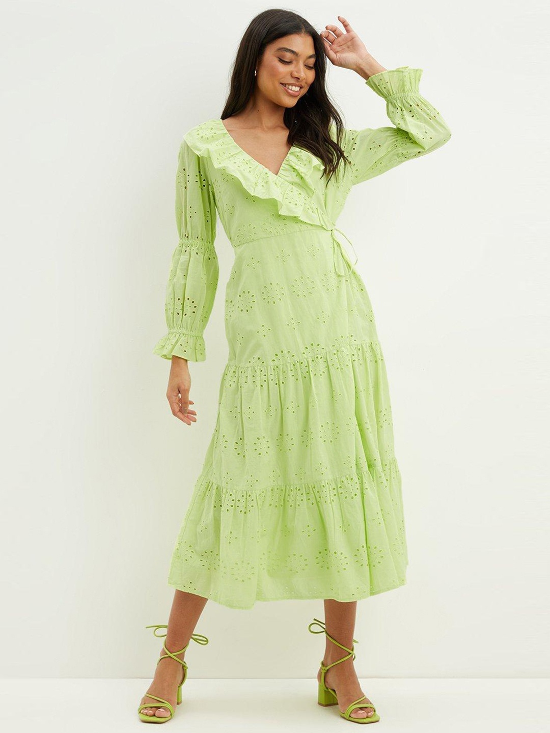 

DOROTHY PERKINS Schiffli Pure Cotton Wrap Midi Dress, Lime green