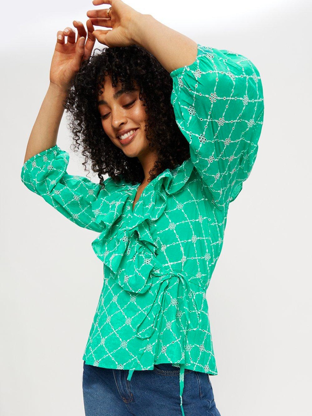 

DOROTHY PERKINS Geometric Ruffles Wrap Top, Green