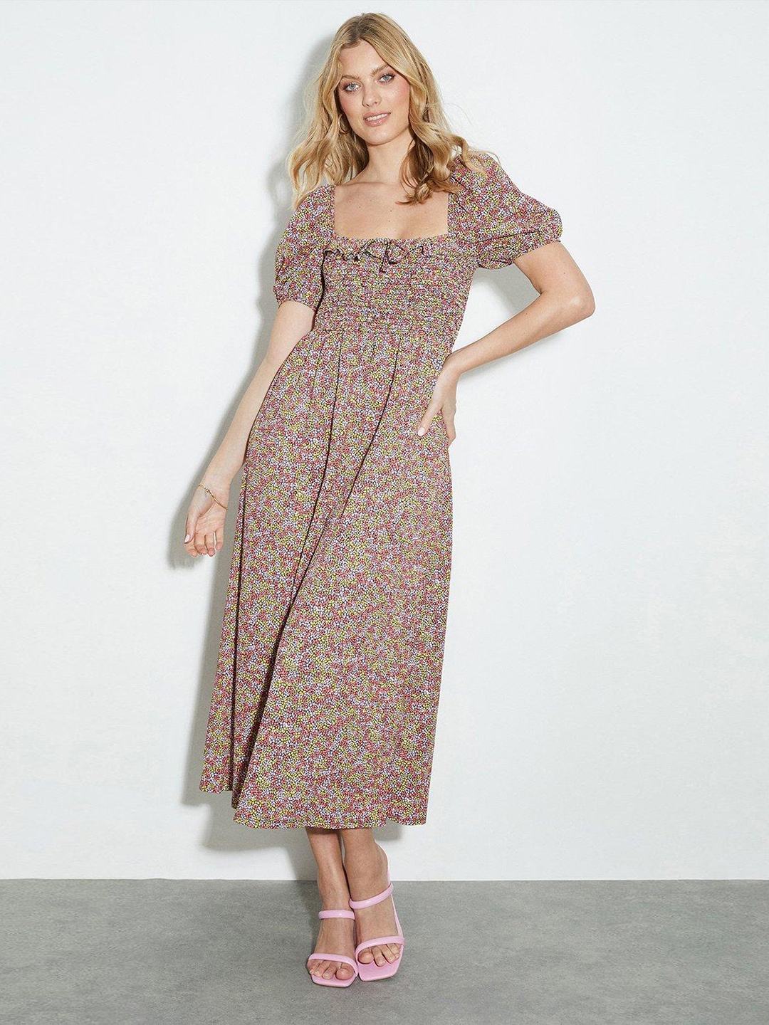 

DOROTHY PERKINS Floral Printed Smocked Ruffled A-Line Midi Dress, Lavender