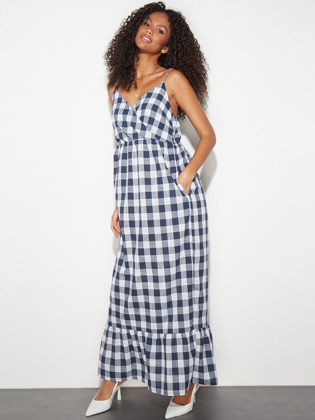

DOROTHY PERKINS Checked Wrap Maxi Dress, Navy blue