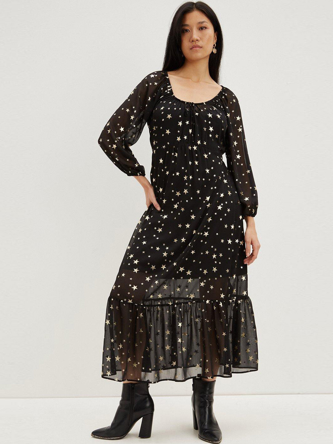 

DOROTHY PERKINS Printed A-Line Midi Dress, Black