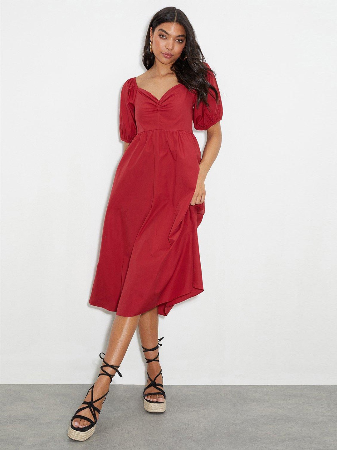 

DOROTHY PERKINS Ruched Detail Pure Cotton A-Line Midi Dress, Red