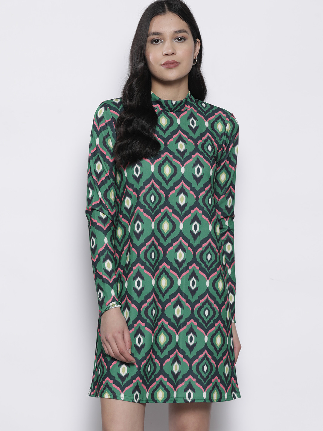 

DOROTHY PERKINS Printed High-Neck A-Line Mini Dress, Green