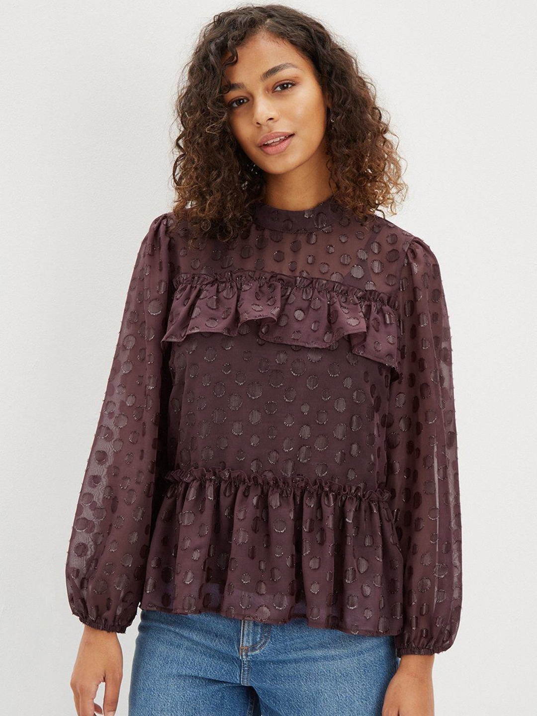 

DOROTHY PERKINS Mandarin Collar Ruffles Tiered Top, Burgundy