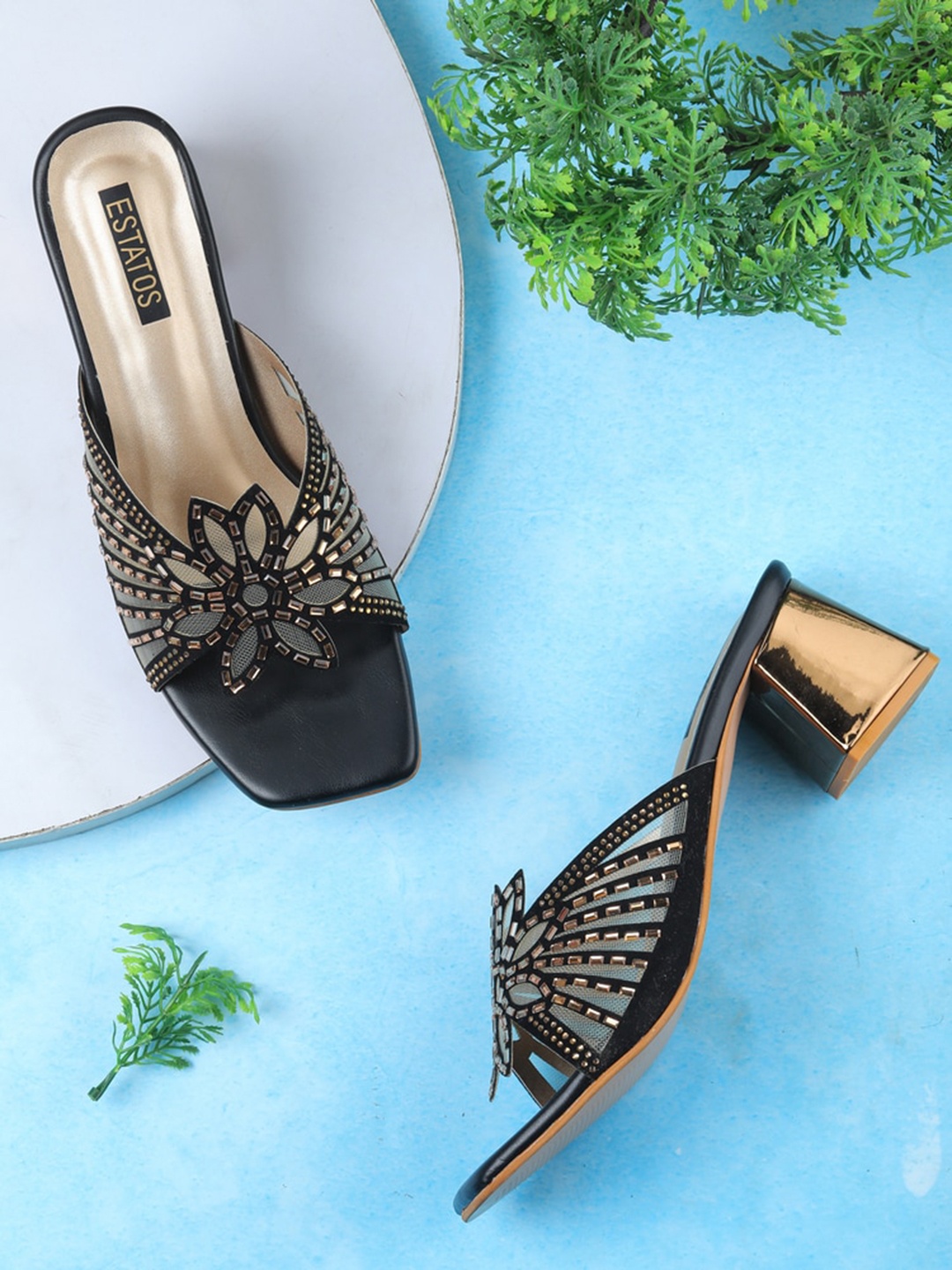 

ESTATOS Embellished Velvet Party Block Heels, Black