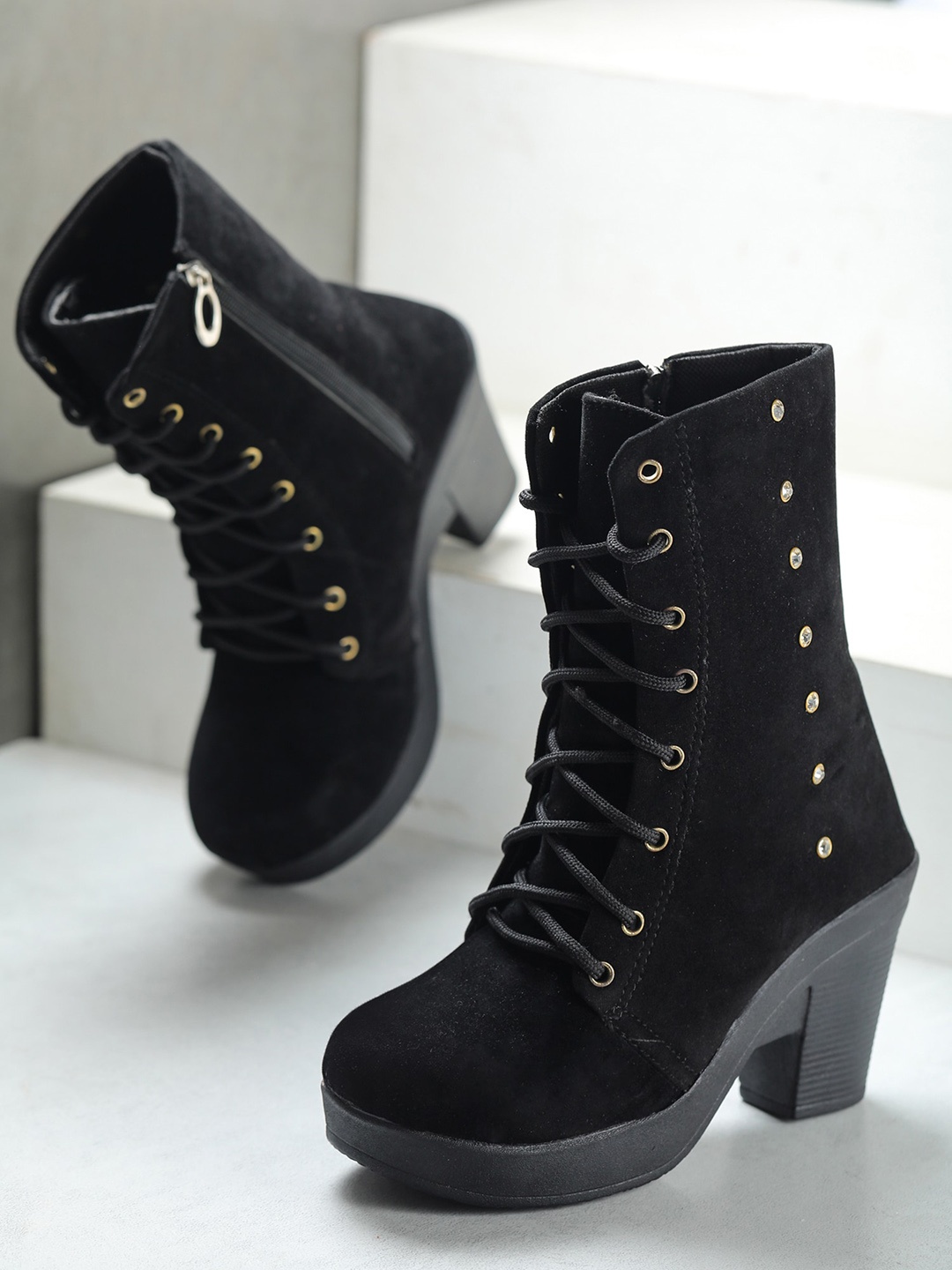 

ESTATOS Women Mid-Top Regular Heeled Boots, Black