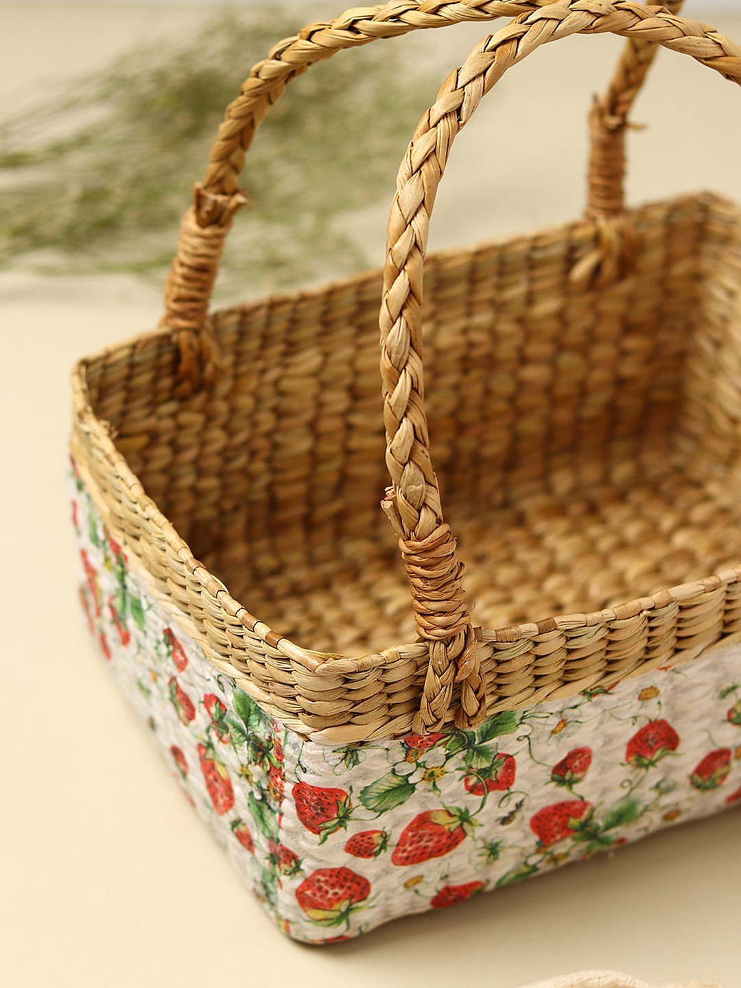 

HABERE INDIA White & Brown Decoupage Cherry Eco Friendly Storage Basket