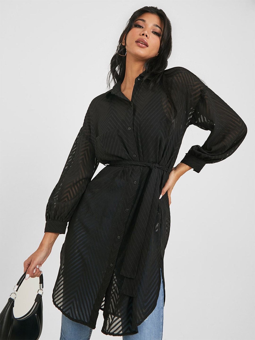 

Styli Self Design Longline Casual Shirt, Black