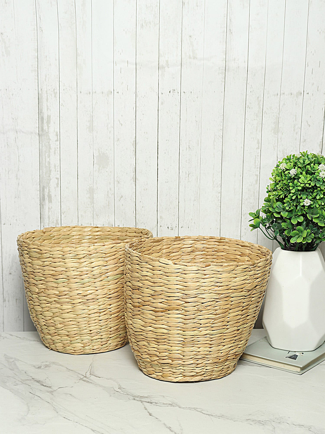 

HABERE INDIA Beige Set of 2 Seagrass Cylindrical Planters