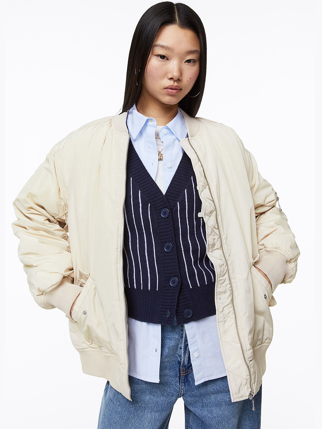 

H&M Women Padded Bomber Jacket, Beige