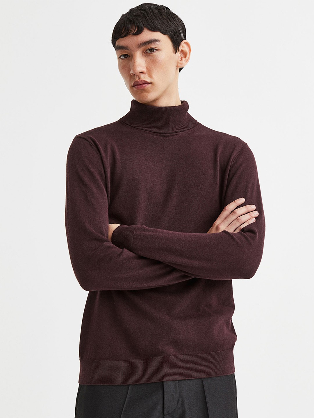 

H&M Men Slim Fit Fine-Knit Polo-Neck Jumper, Burgundy