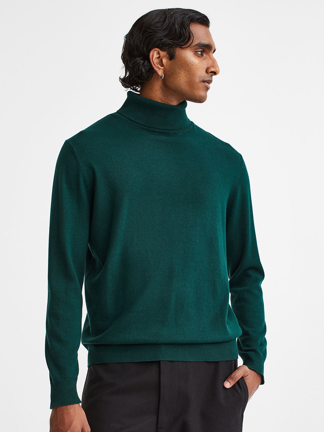 

H&M Men Slim Fit Fine-Knit Polo-Neck Jumper, Green