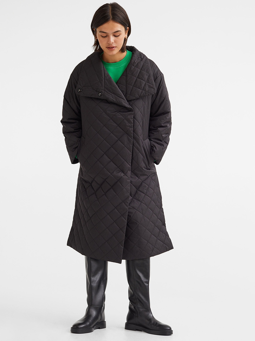

H&M Women Quilted Over Coat, Black