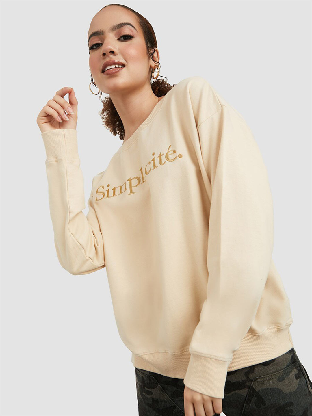 

Styli Women Typography Printed Pullover Cotton Sweatshirt, Beige