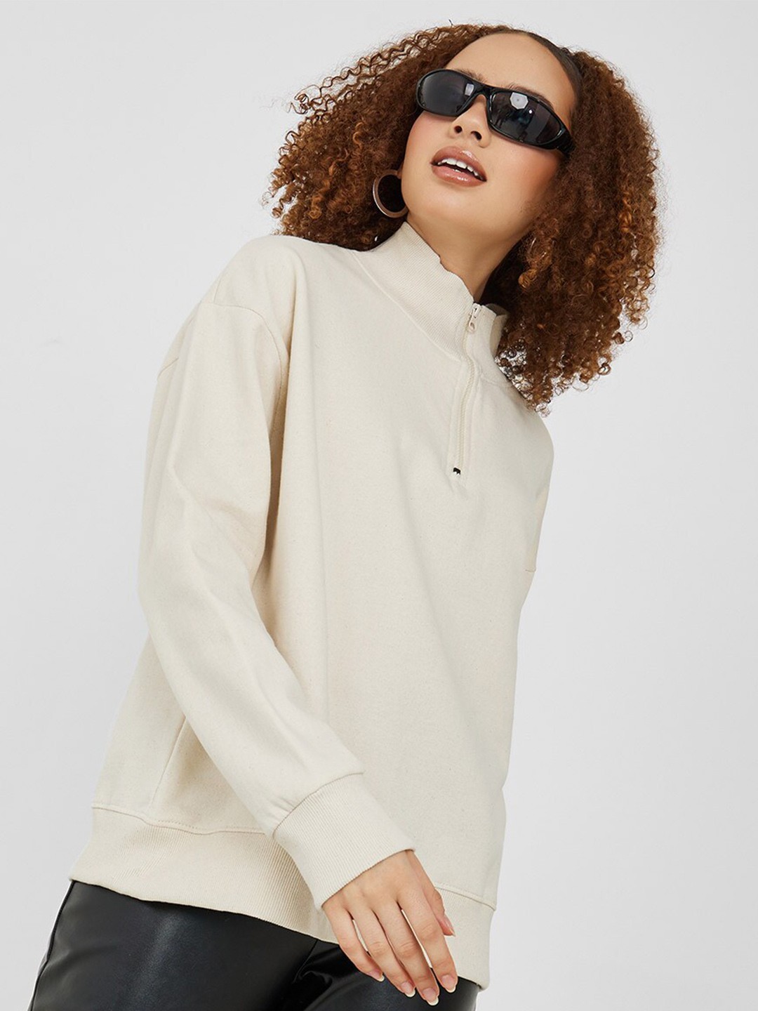 

Styli Women Half Zipper Cotton Pullover Sweatshirt, Cream