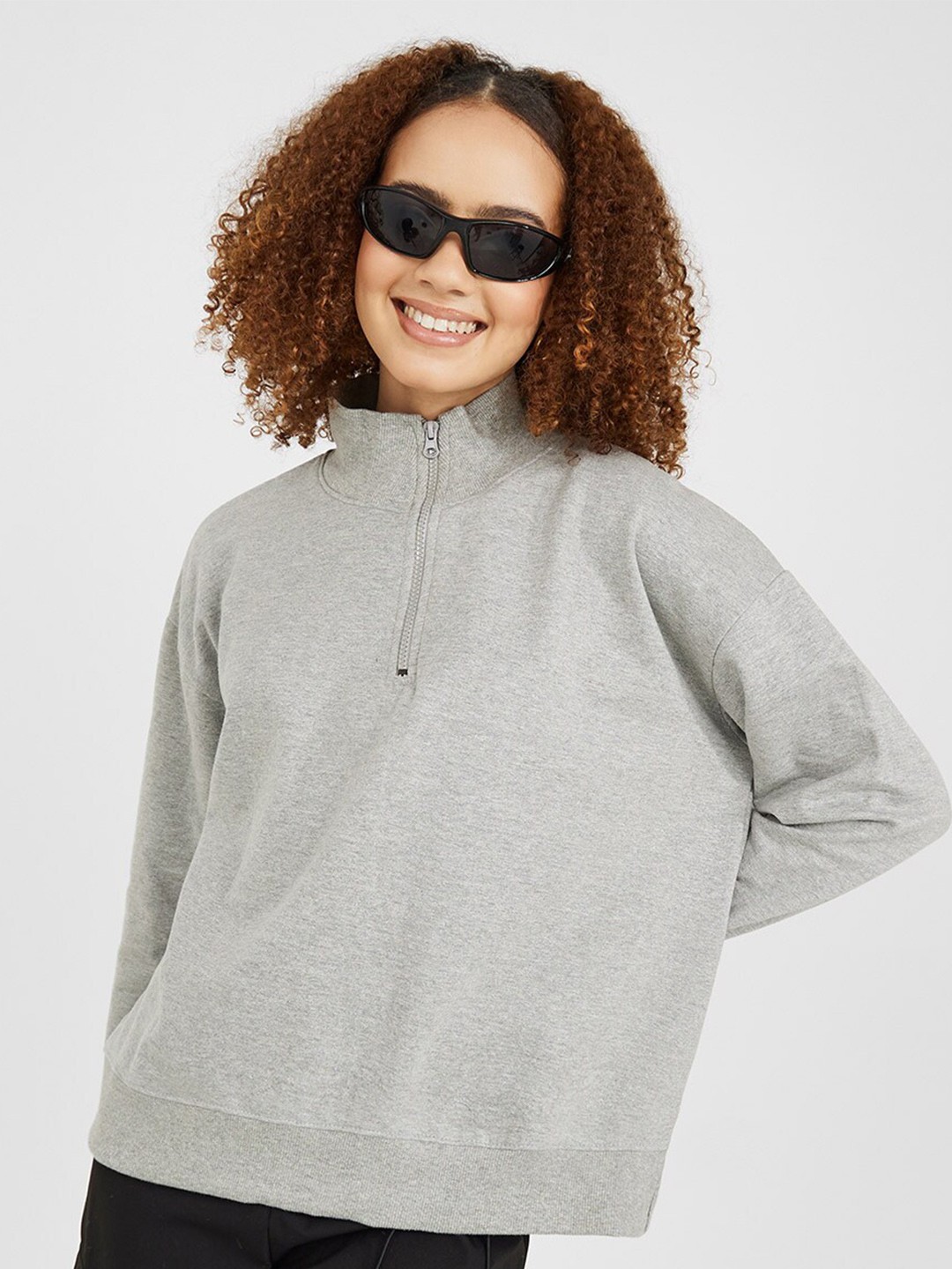 

Styli Women Half Zipper Cotton Pullover Sweatshirt, Grey