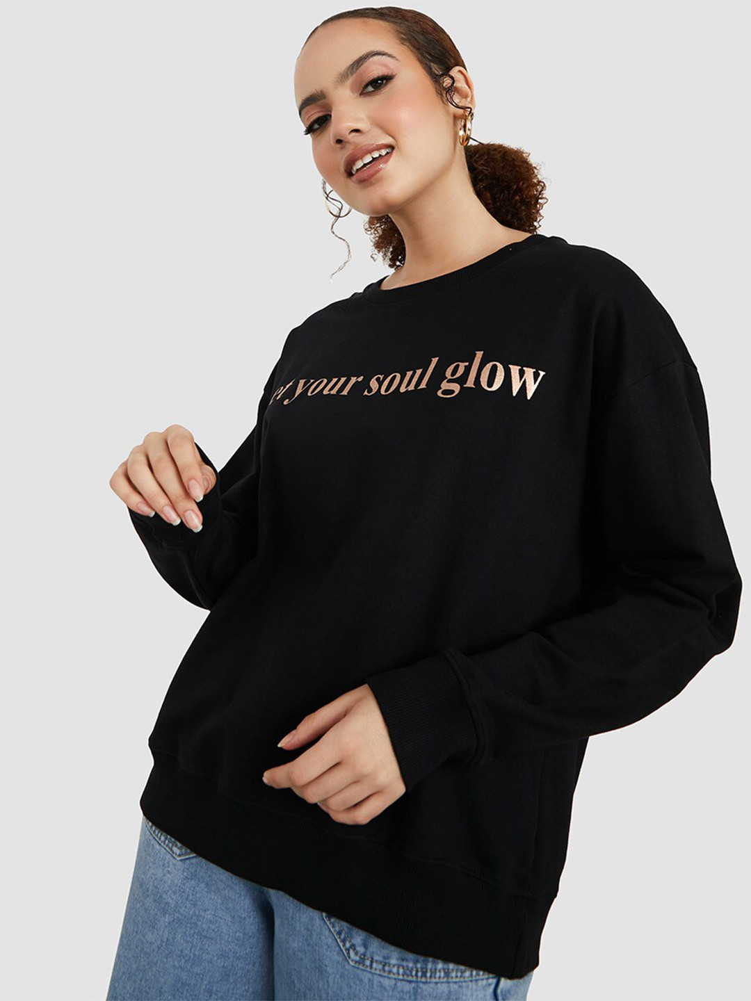 

Styli Women Typography Printed Cotton Pullover Sweatshirt, Black
