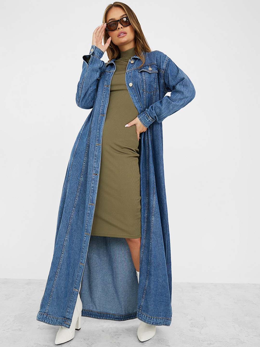 

Styli Women Washed Longline Cotton Denim Jacket, Blue