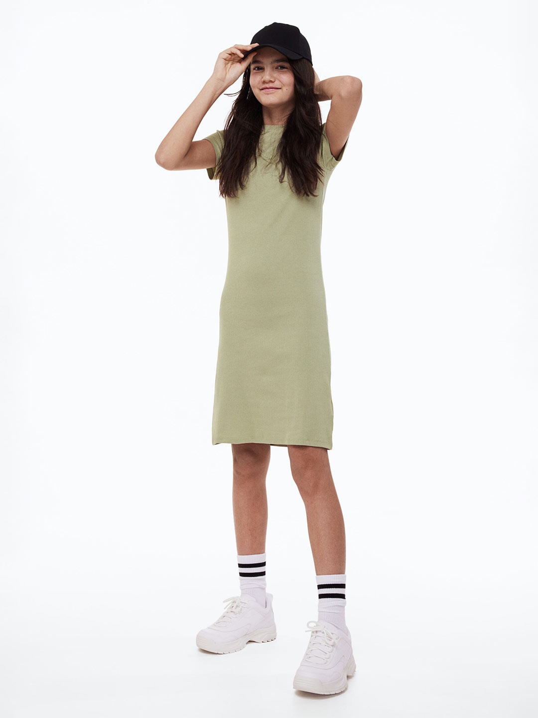 

H&M Girls Ribbed T-Shirt Dress, Green